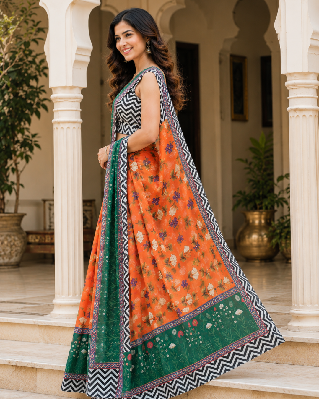 Orange & Emerald Floral Printed Georgette Saree