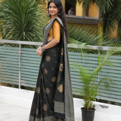 Midnight Black Bandhani Medallion Chanderi Saree