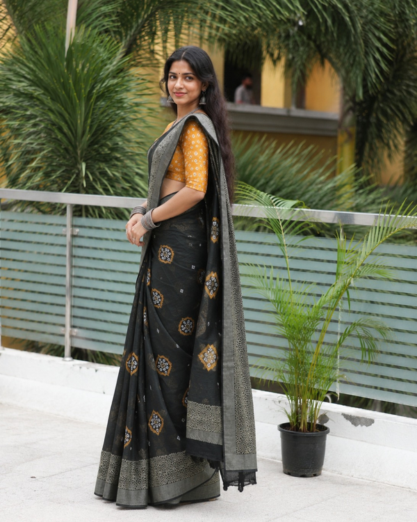 Midnight Black Bandhani Medallion Chanderi Saree
