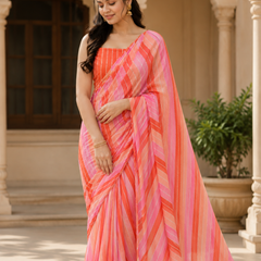 Coral Pink Striped Georgette Saree
