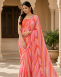 Coral Pink Striped Georgette Saree