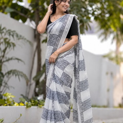 Monochrome Jaali Grid Block Chanderi Saree