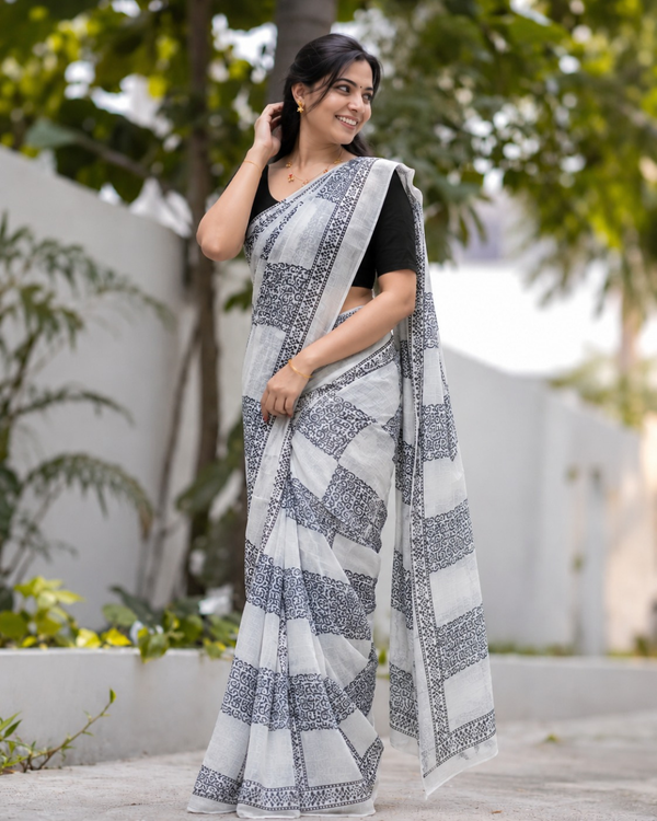 Monochrome Jaali Grid Block Chanderi Saree