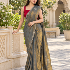 Charcoal Grey Gold Shimmer Scallop Premium Silk Saree