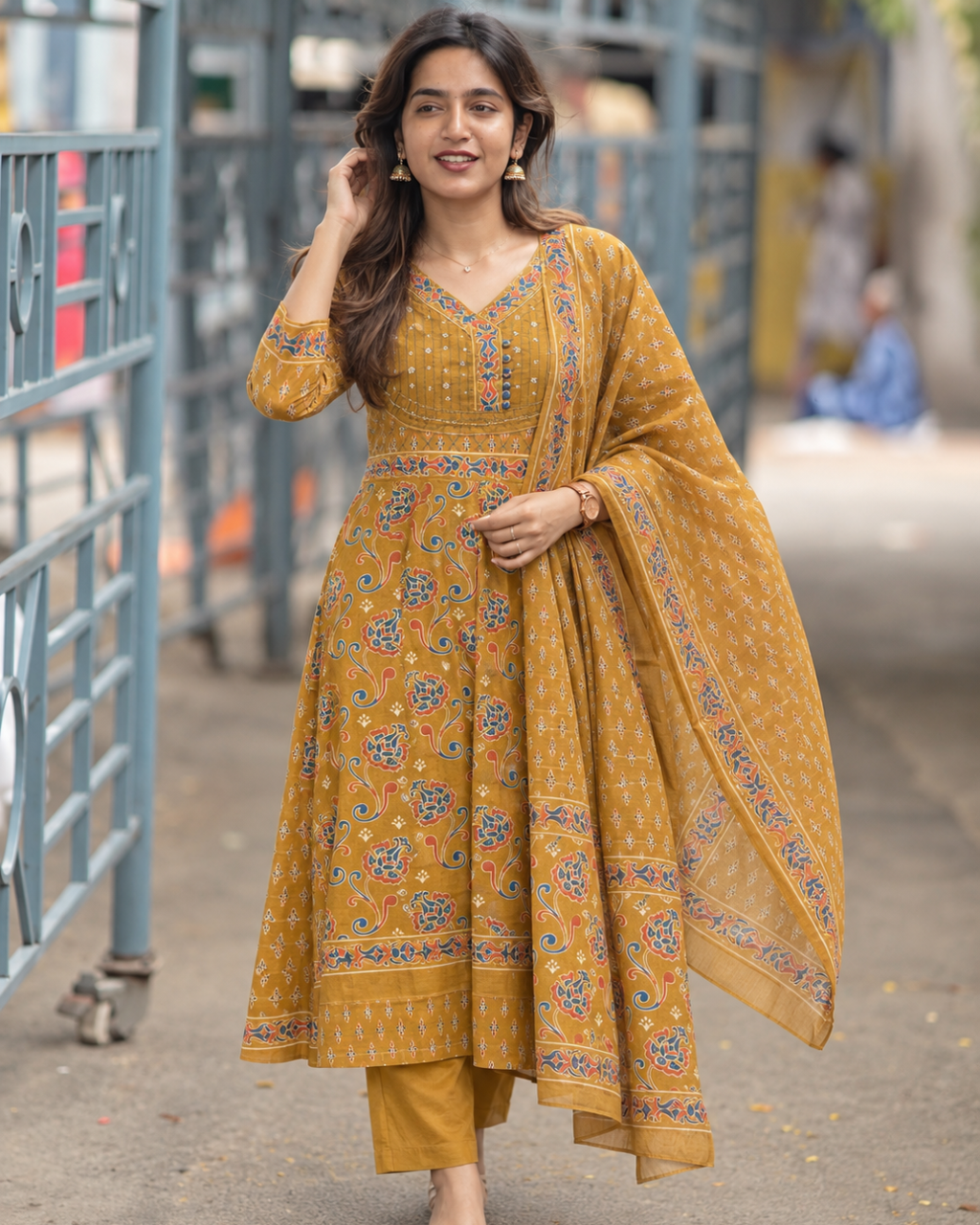 Mustard Floral Anarkali Kurti Set