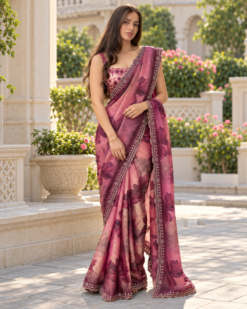 Mauve Purple Watercolor Floral Fandy Silk Saree
