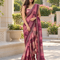 Mauve Purple Watercolor Floral Fandy Silk Saree