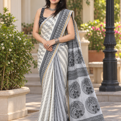 Silver Grey Floral Medallion Chanderi Saree