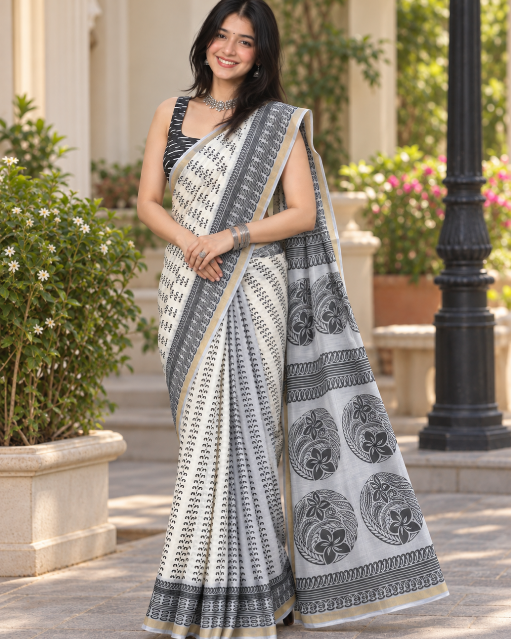 Silver Grey Floral Medallion Chanderi Saree