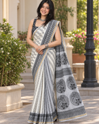 Silver Grey Floral Medallion Chanderi Saree