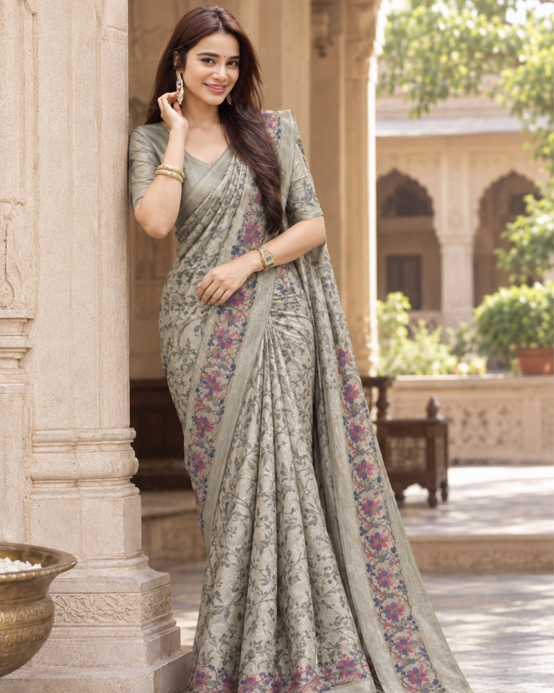 Silver Champagne Floral Vine Brocade Premium Silk Saree