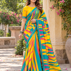 Yellow & Teal Bold Striped Saree