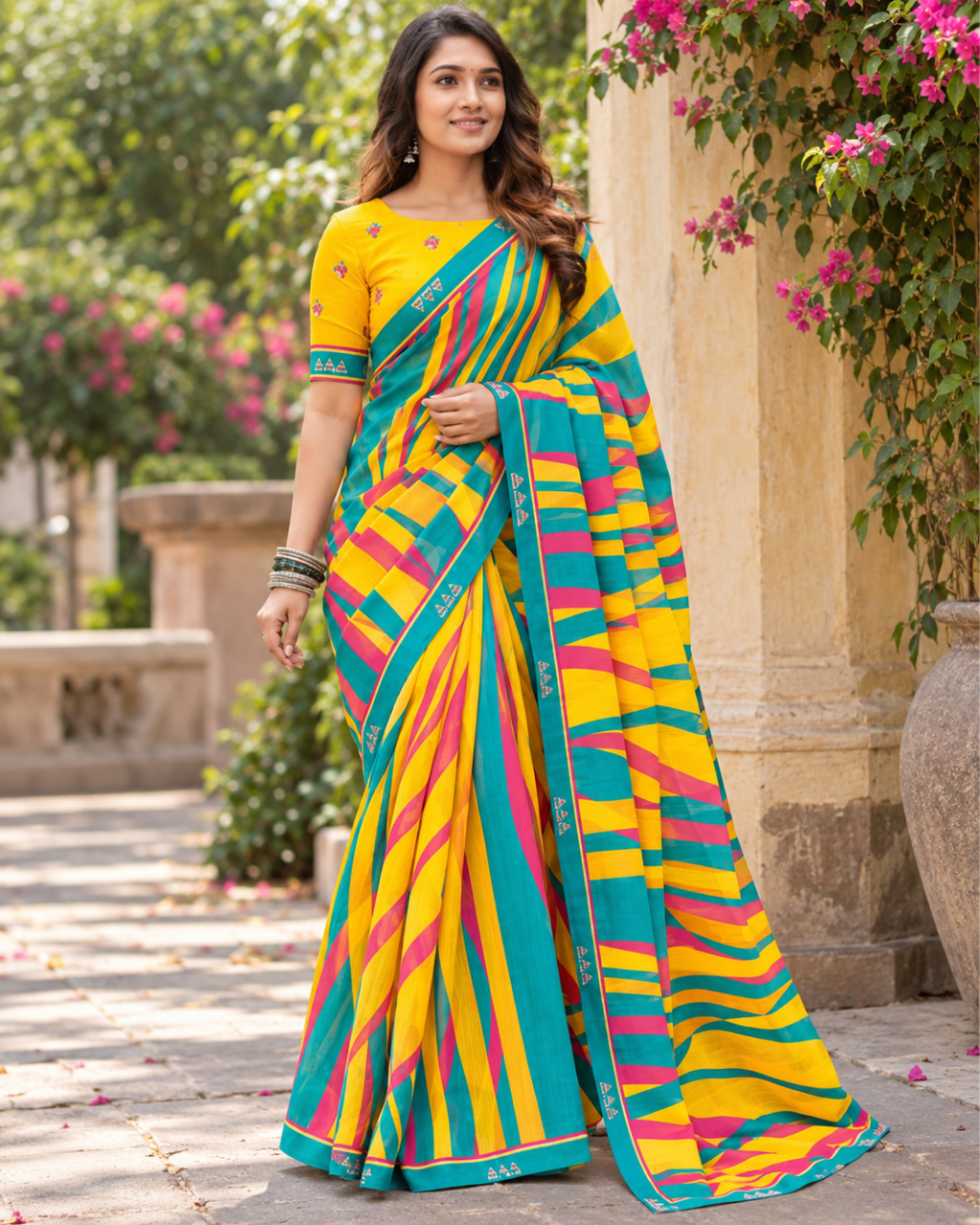 Yellow & Teal Bold Striped Saree