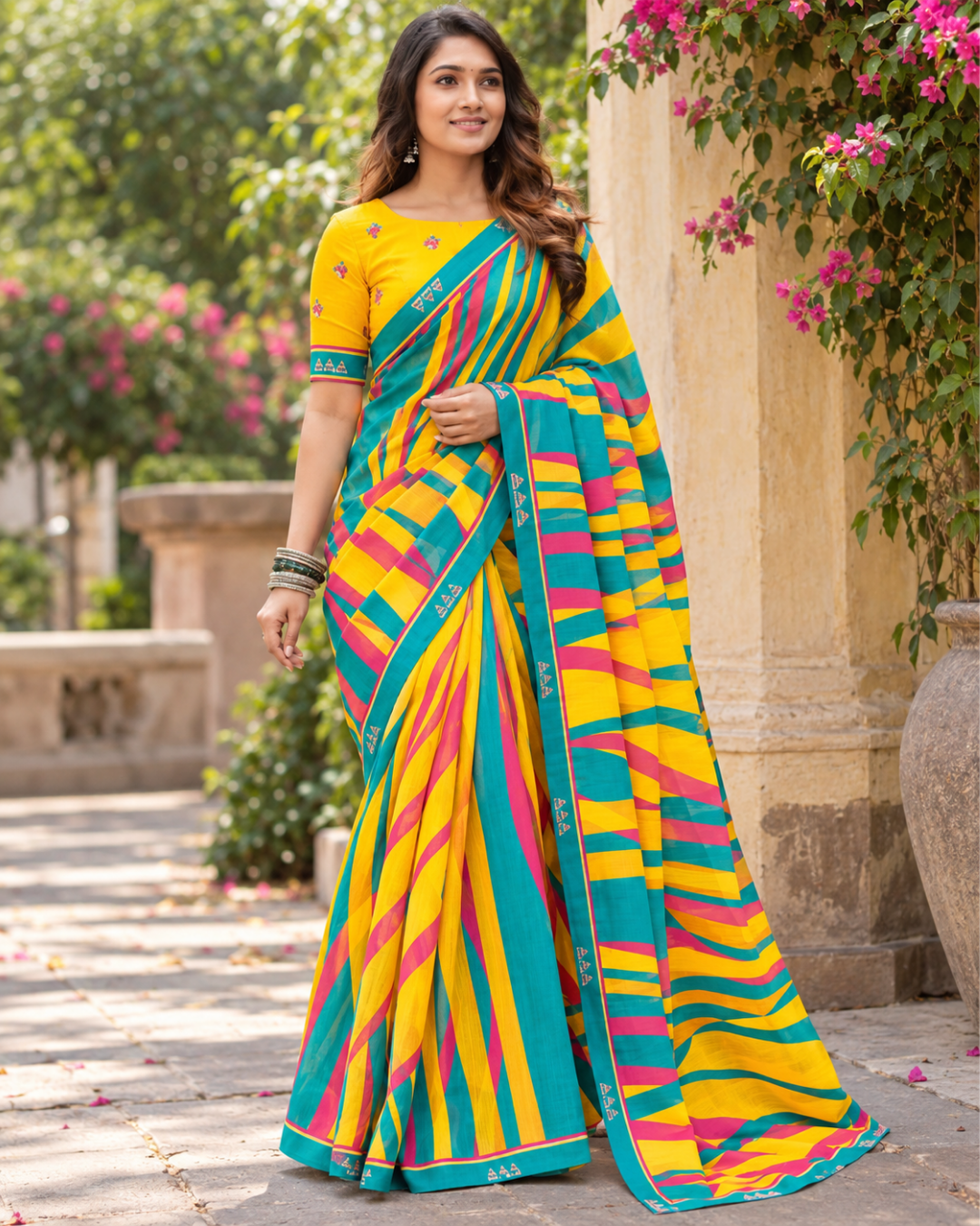 Yellow & Teal Bold Striped Saree