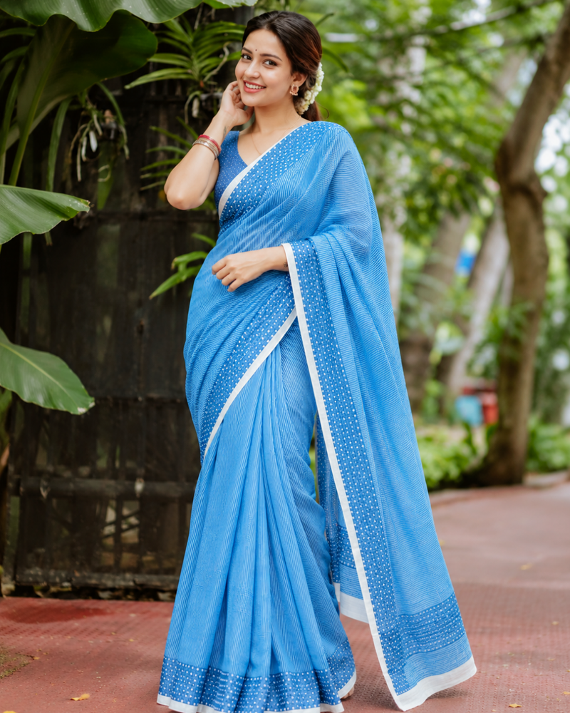 Ocean Blue Fine Leheriya Striped Linen Saree