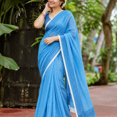 Ocean Blue Fine Leheriya Striped Linen Saree