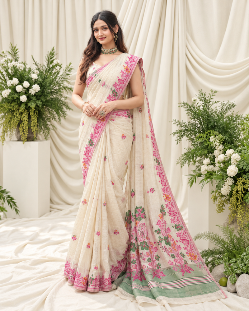Ivory Floral Vine Jamdani Cotton Saree
