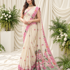 Ivory Floral Vine Jamdani Cotton Saree