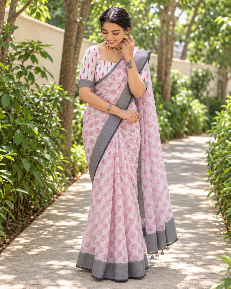 Blush Pink Booti Block Chanderi Saree