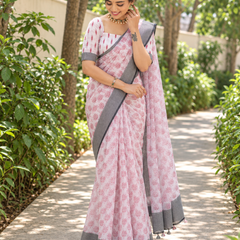 Blush Pink Booti Block Chanderi Saree