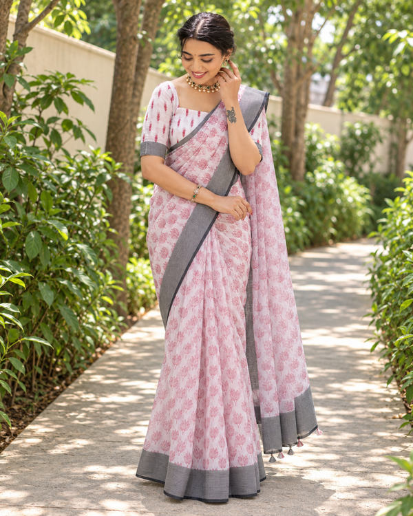 Blush Pink Booti Block Chanderi Saree