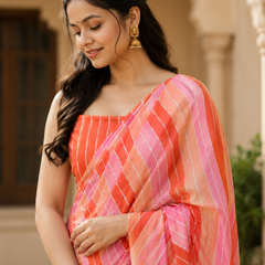 Coral Pink Striped Georgette Saree
