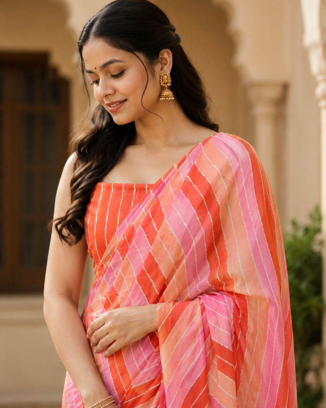 Coral Pink Striped Georgette Saree