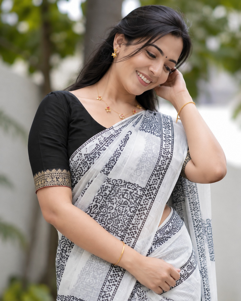 Monochrome Jaali Grid Block Chanderi Saree