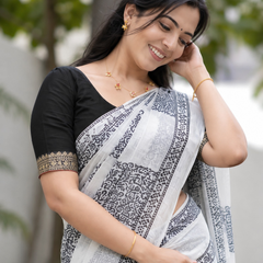 Monochrome Jaali Grid Block Chanderi Saree