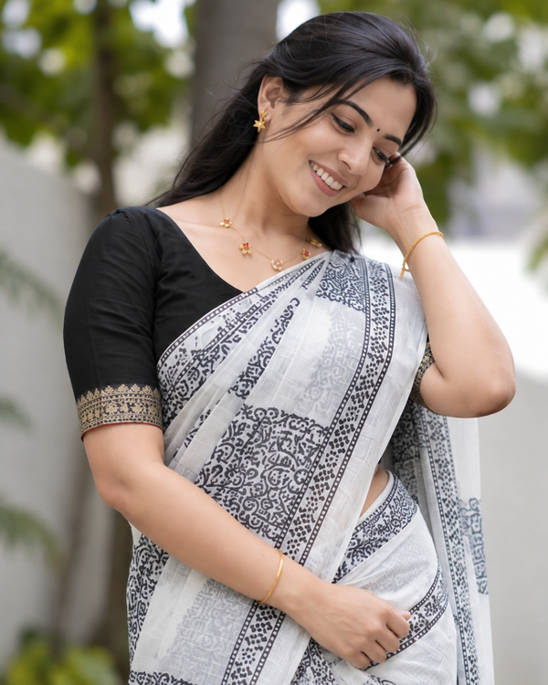 Monochrome Jaali Grid Block Chanderi Saree