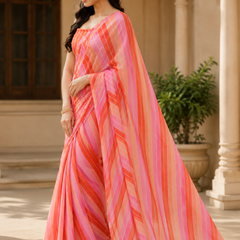 Coral Pink Striped Georgette Saree