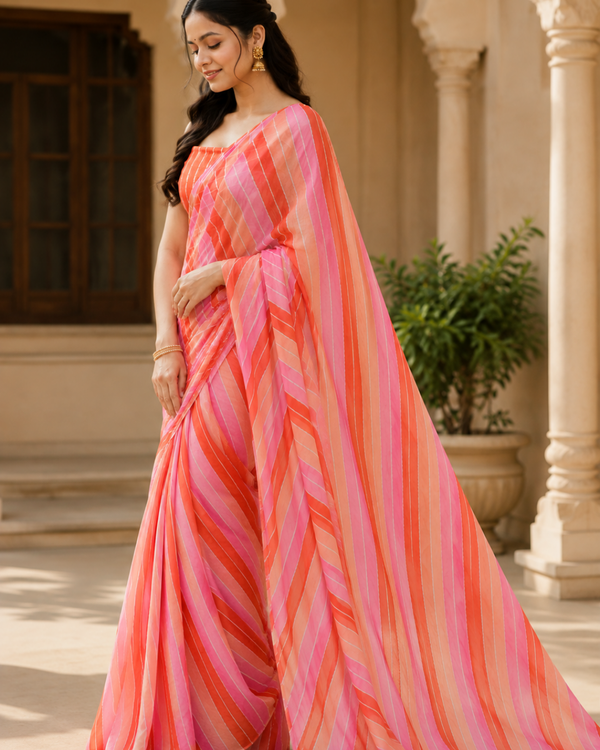 Coral Pink Striped Georgette Saree