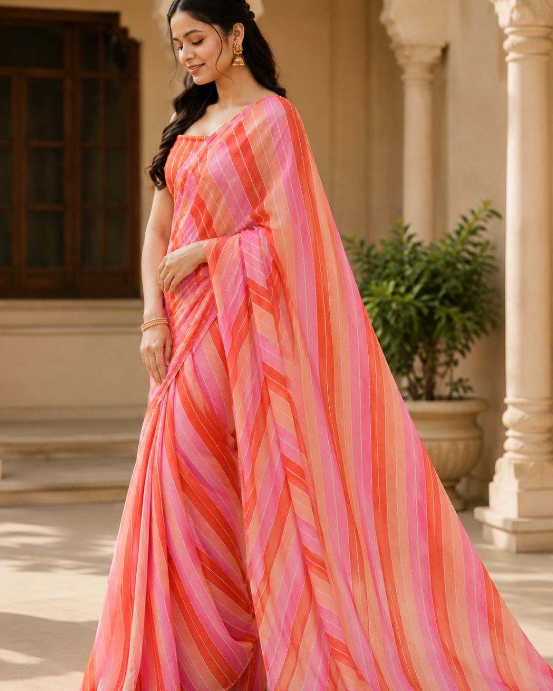 Coral Pink Striped Georgette Saree