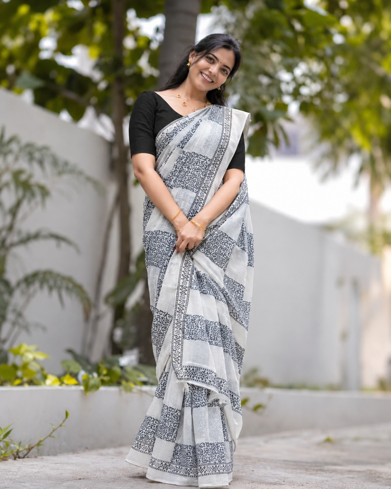 Monochrome Jaali Grid Block Chanderi Saree