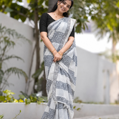 Monochrome Jaali Grid Block Chanderi Saree