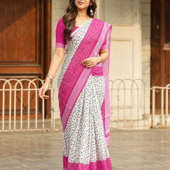 Ivory Rani Bandhani Border Chanderi Saree