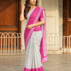 Ivory Rani Bandhani Border Chanderi Saree