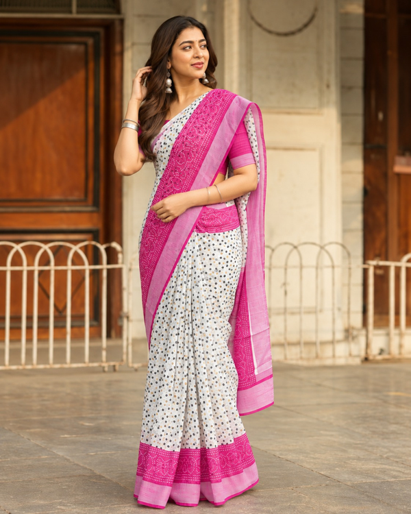 Ivory Rani Bandhani Border Chanderi Saree