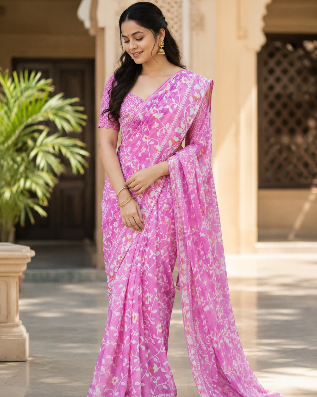 Pink Floral Printed Georgette Saree