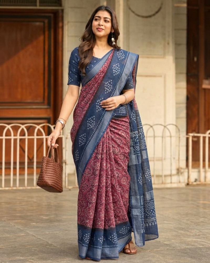 Indigo Maroon Dual-Tone Bandhani Chanderi Saree
