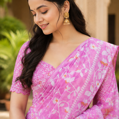 Pink Floral Printed Georgette Saree