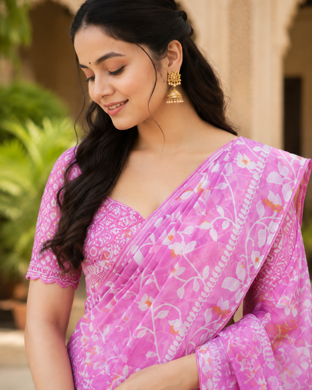 Pink Floral Printed Georgette Saree