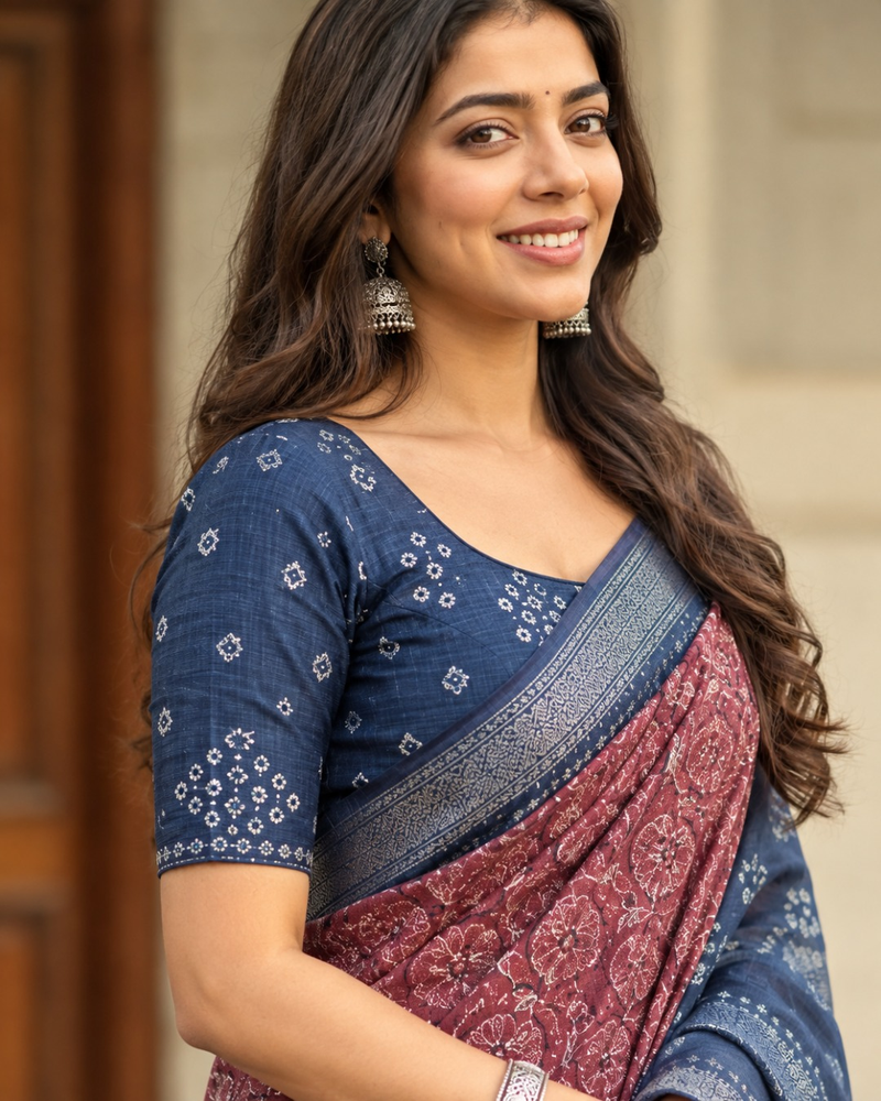 Indigo Maroon Dual-Tone Bandhani Chanderi Saree