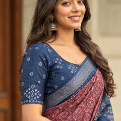 Indigo Maroon Dual-Tone Bandhani Chanderi Saree