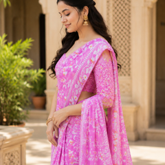 Pink Floral Printed Georgette Saree