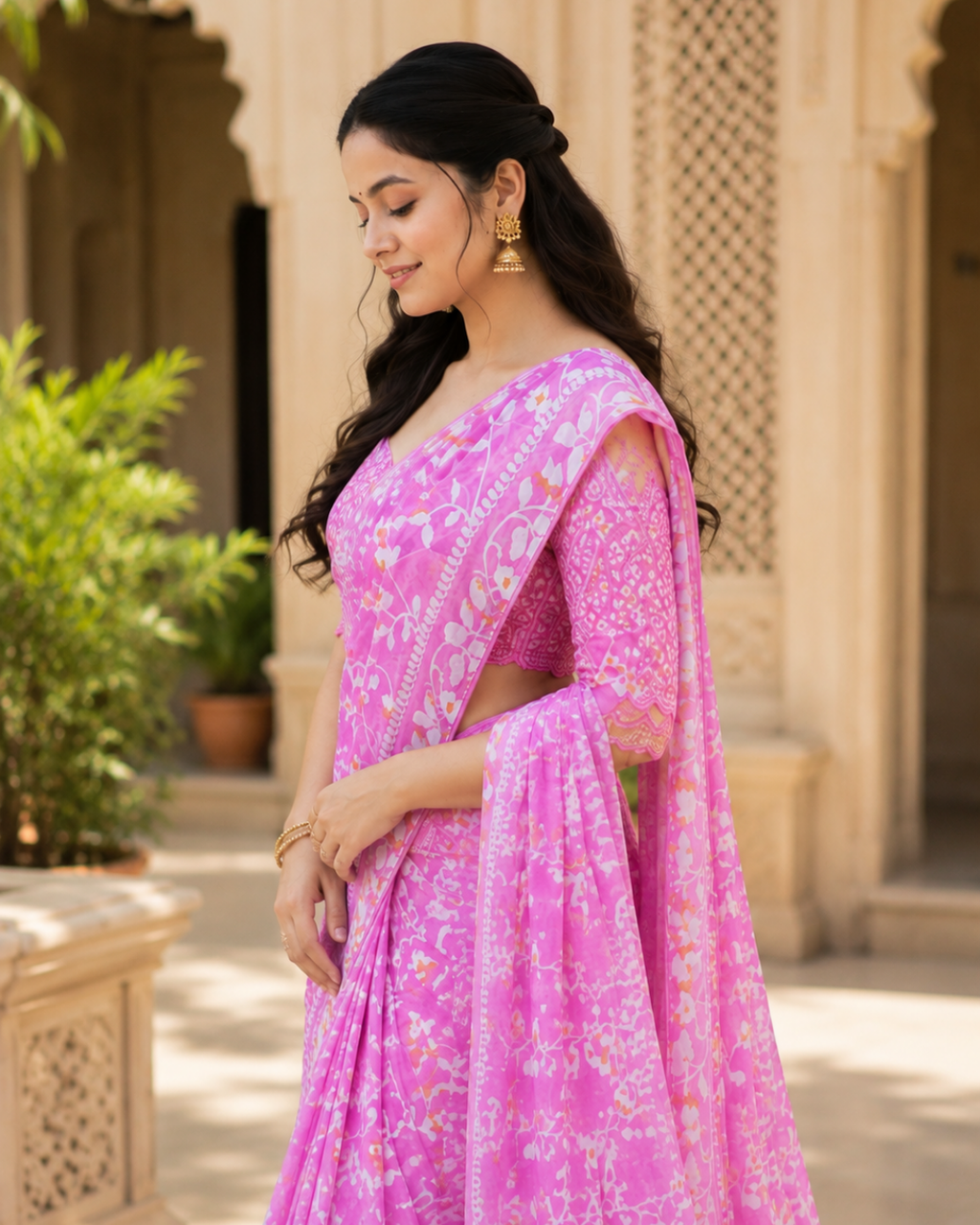 Pink Floral Printed Georgette Saree