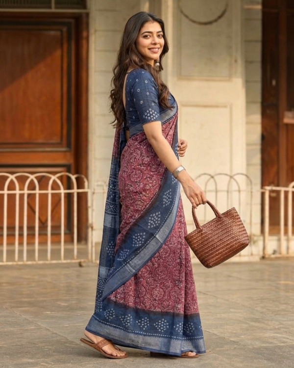 Indigo Maroon Dual-Tone Bandhani Chanderi Saree