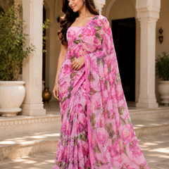 Pink Rose Floral Georgette Saree