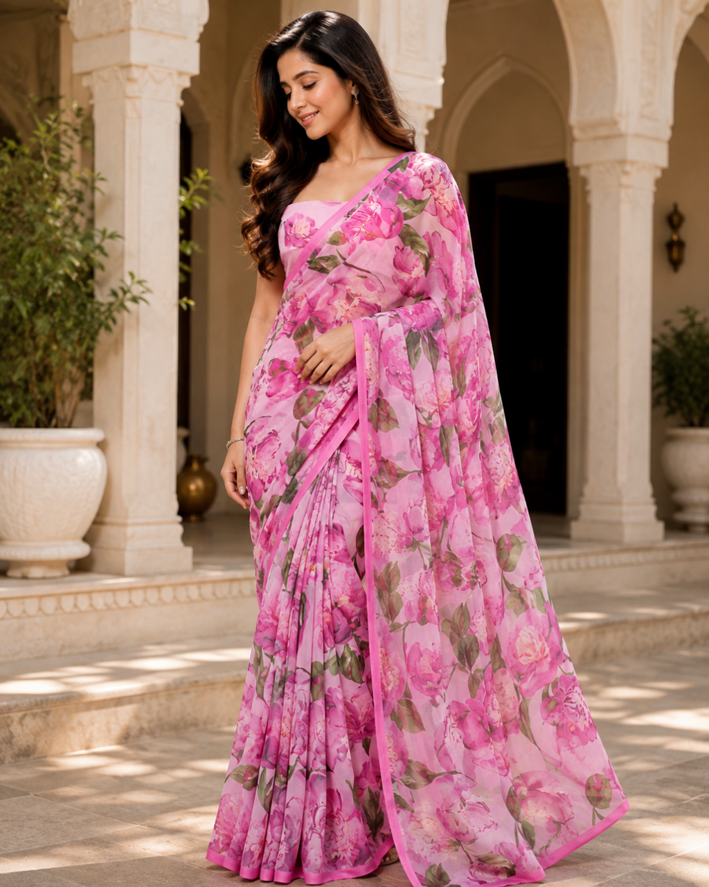 Pink Rose Floral Georgette Saree