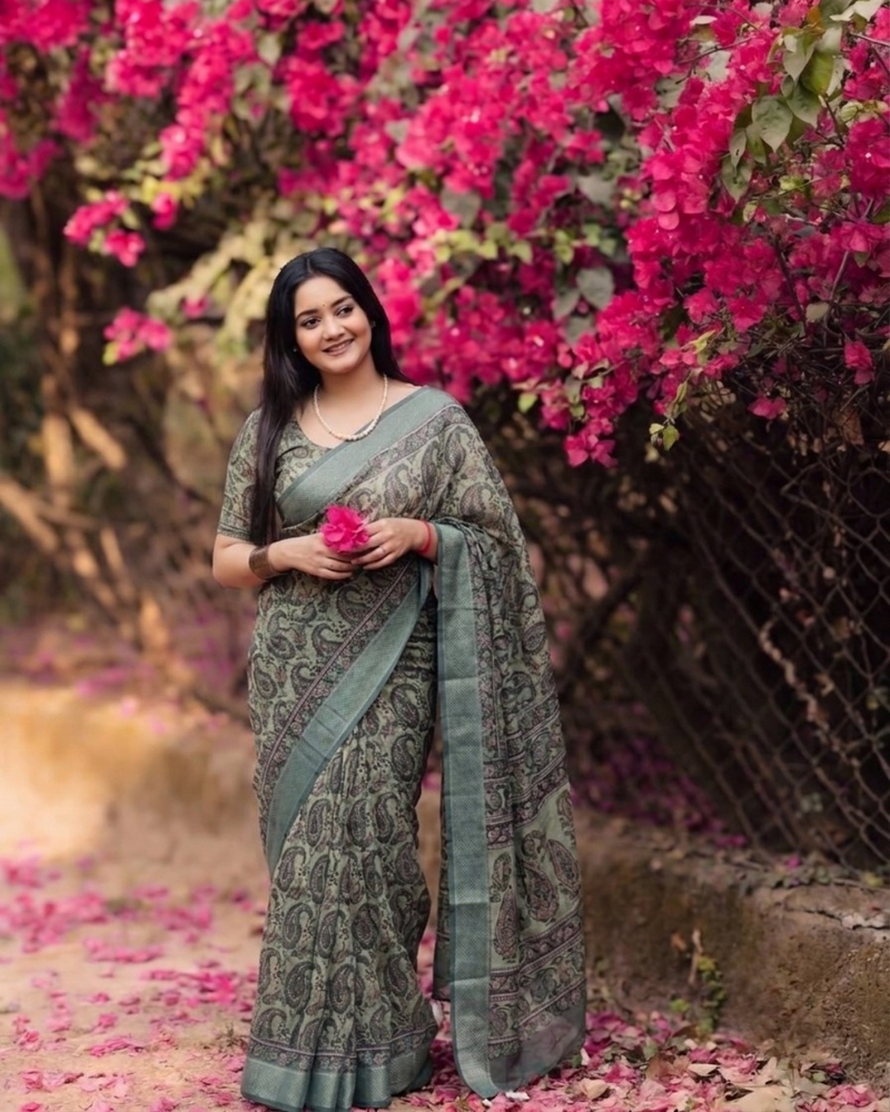 Sage Green Ambi Paisley Chanderi Saree